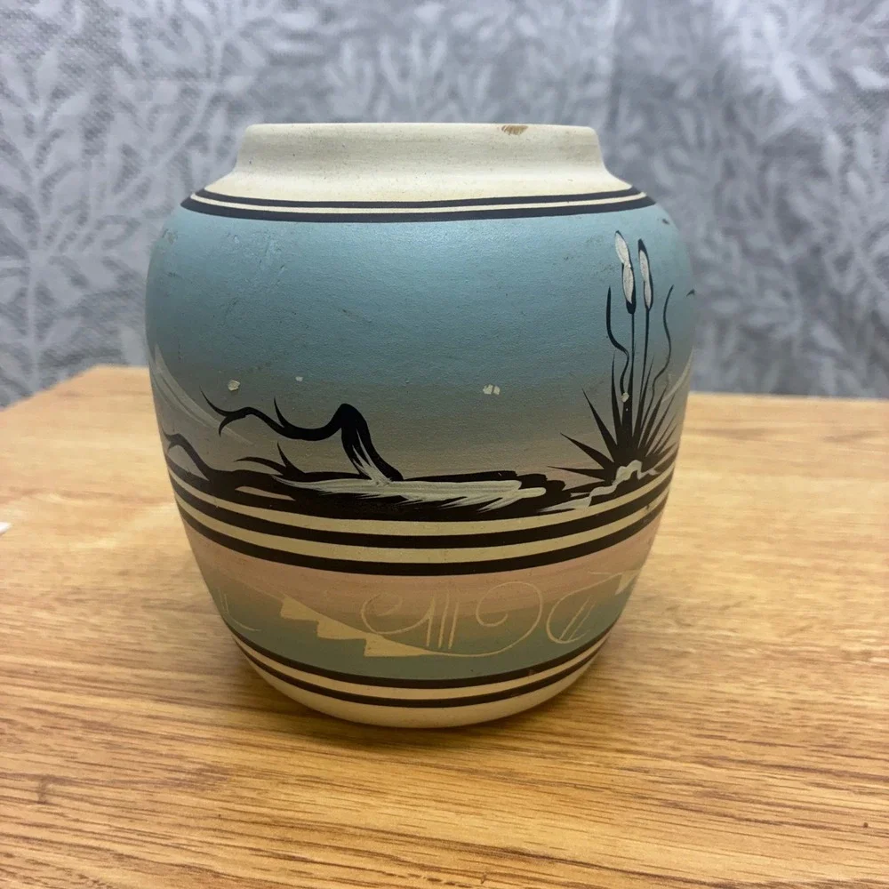 Lyn Navajo Pottery Vase Unisex Small Hand Painted Coyote Moon Desert Landscape